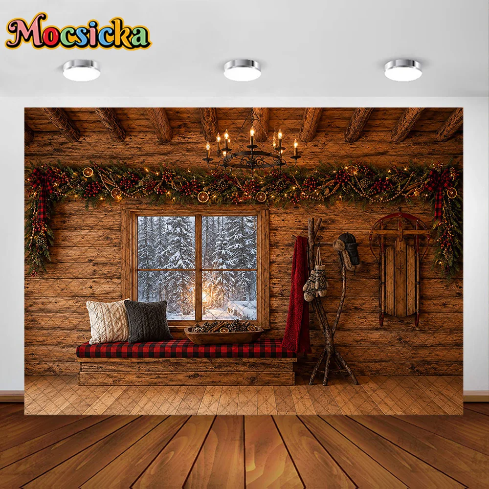 Mocsicka 3D Corner Room Photography Backdrop Wooden House Stone Fireplace Decoration Kid Christmas Party Portrait Studio Prop