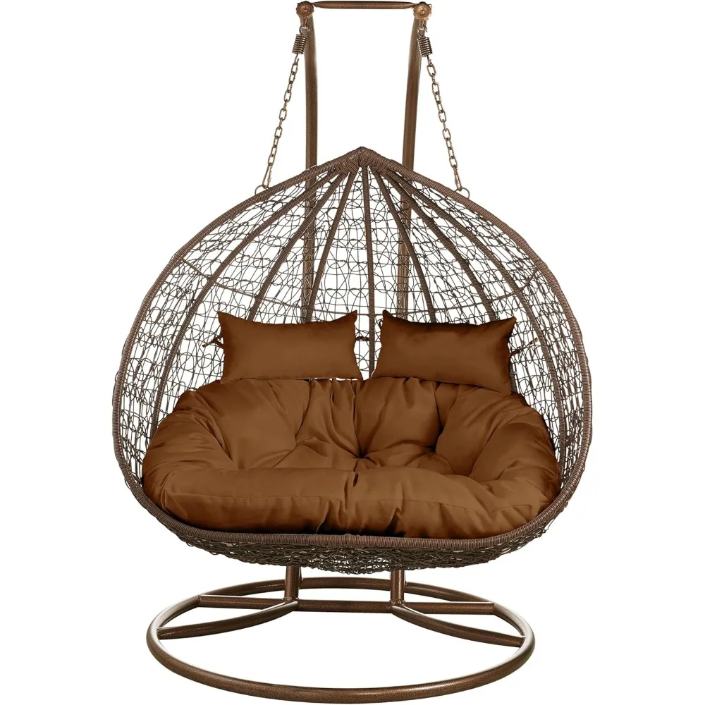 Premium 2-Person Hanging Egg Chair with Stand – Bronze Wicker Loveseat with Brown Cushions for Indoor & Outdoor Use