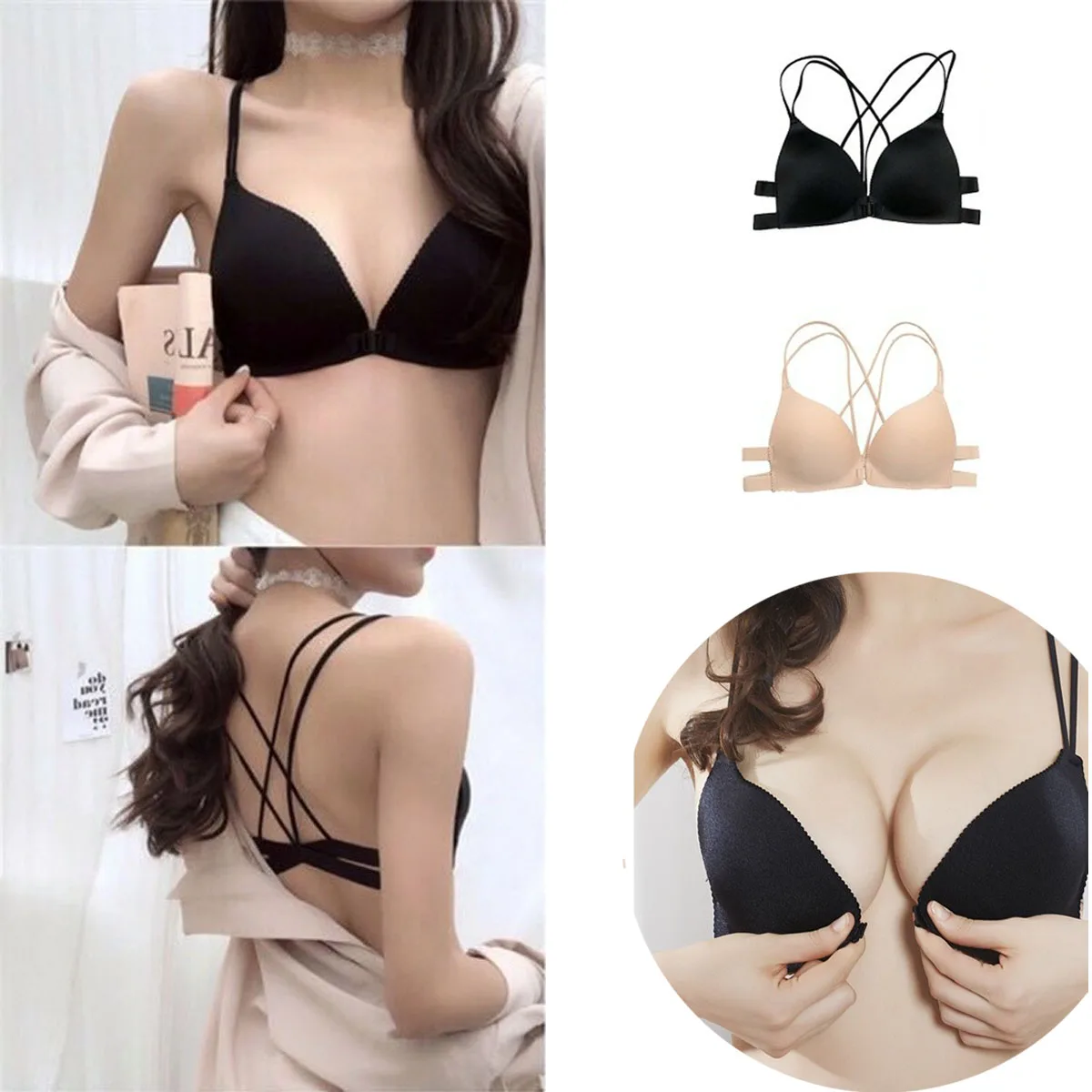 1 Piece Fashion Triangle Cup Buckle Front Push-up Bra Without Wire Sexy Comfort Thin Underwear Sports Bra