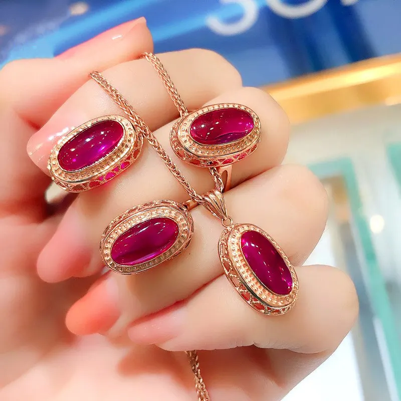 585 purple gold plated 14K rose gold palace style exquisite ruby jewelry sets light luxury earrings for women ring necklace