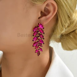 Vintage Long Drop Dangle Earrings For Women Maple Leaf Shaped Full Glass Crystal Trend Luxury Jewelry Bridal Wedding Accessories
