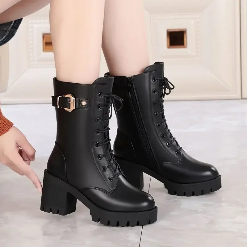 

2023 New Warm High-heeled Leather Boot Black High-quality Female Snow Boots Womsn Shoes 2023 Winter Leather Women Winter Boots