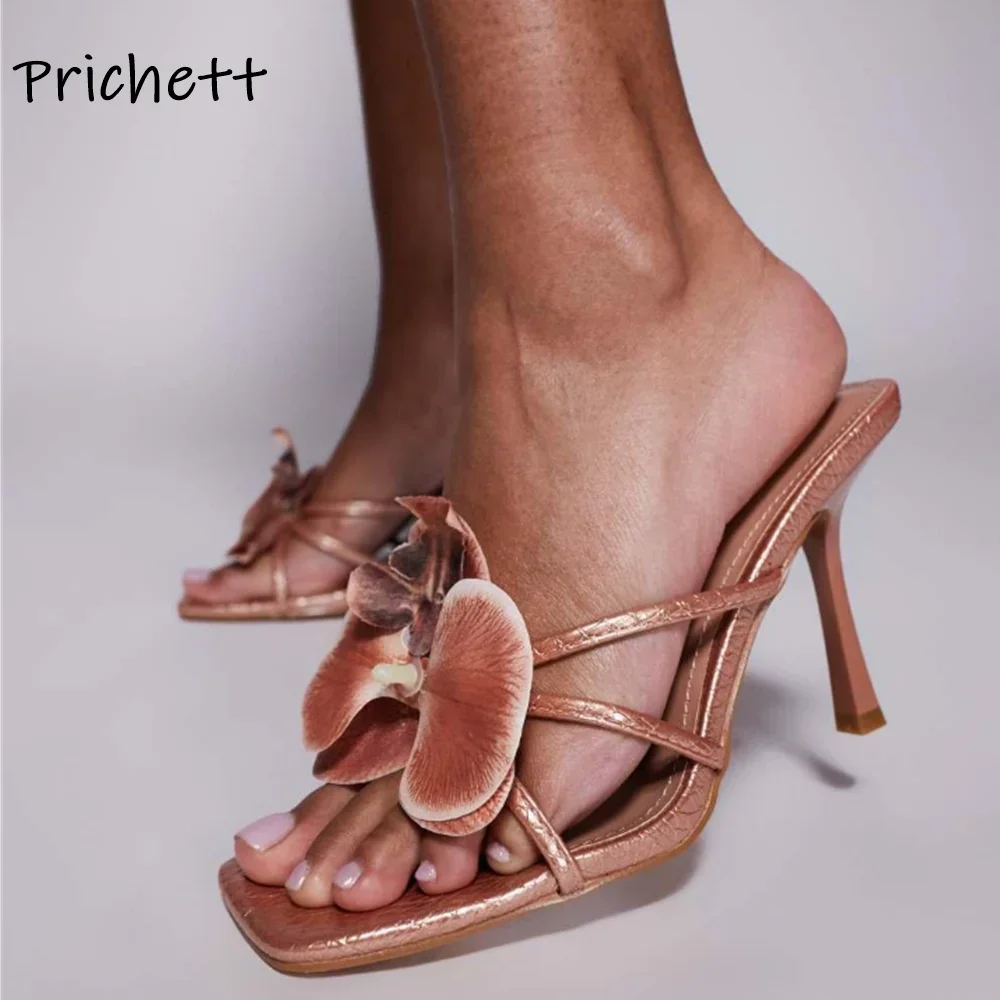 

Orchid Square Toe Slippers Brown Square Toe Thin Heels Slip On Narrow Band Shoes Summer Outdoor Flower Stiletto Dress Shoes 2025