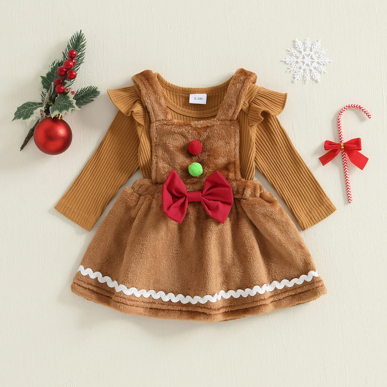 

0-18 Months Baby Girls Christmas Outfit Long Sleeve Solid Romper with Overall Dress for Daily Party