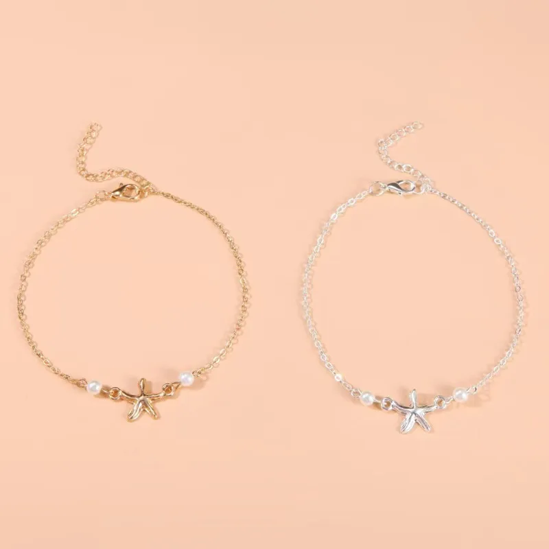 Trendy Summer Imitation Pearl Five-pointed Star Chain Anklet Woman Bohemian Vintage Footwear Leg Bracelets Female Foot Jewelry