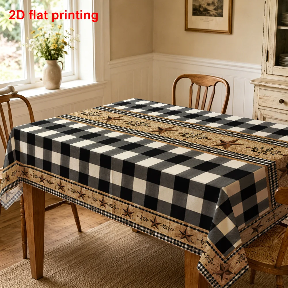 One piece of 2D flat-printed product, a rural-style black and white checkered tablecloth with star patterns.