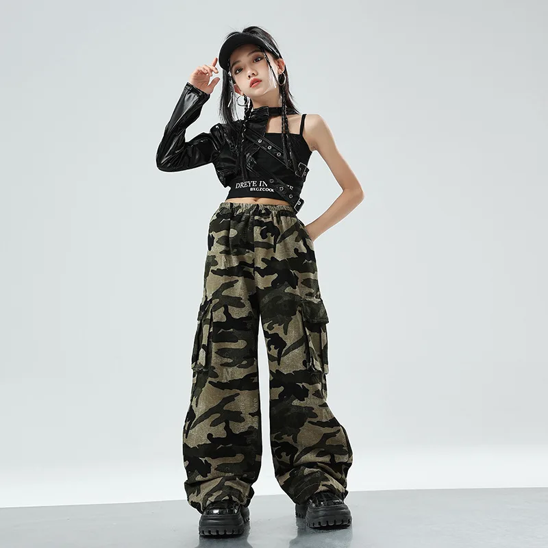 Nuove ragazze costume da ballo jazz in pelle manica singola pantaloni mimetici tuta gruppo abiti da ballo di strada set fantastici abiti hip-hop