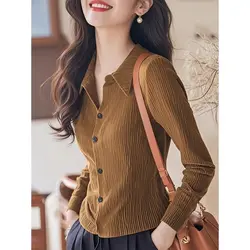 Autumn Winter New Solid Color Turn-down Collar Long Sleeve Fashion Shirt Women High Street Casual Slim Button All-match Cardigan
