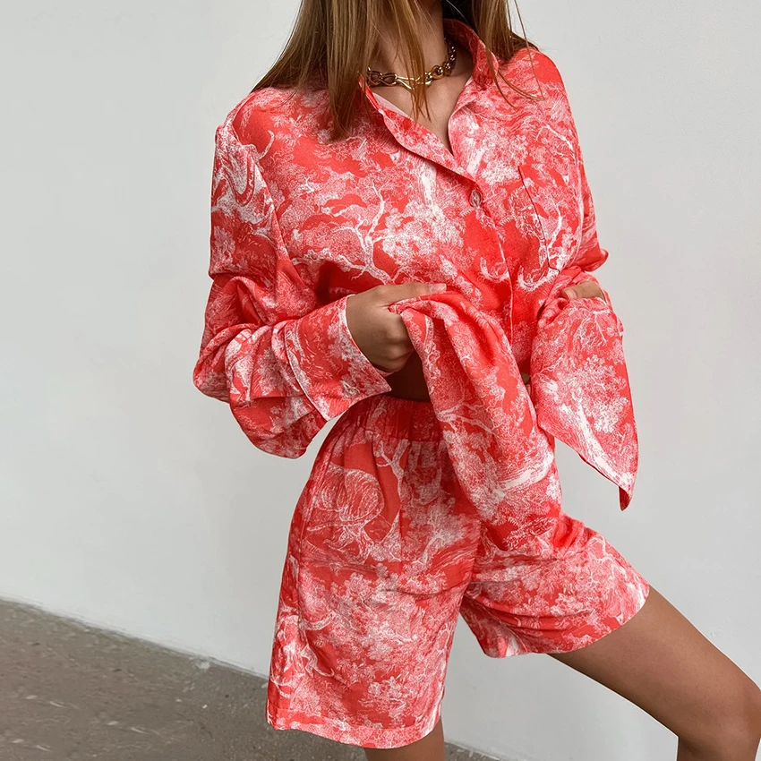 Hiloc Soft Breathable Fabric Women's 2 Piece Pajama Set Red Tie Dye Print Long Sleeve Shirt & Shorts Loose Fit Sleepwear 2026