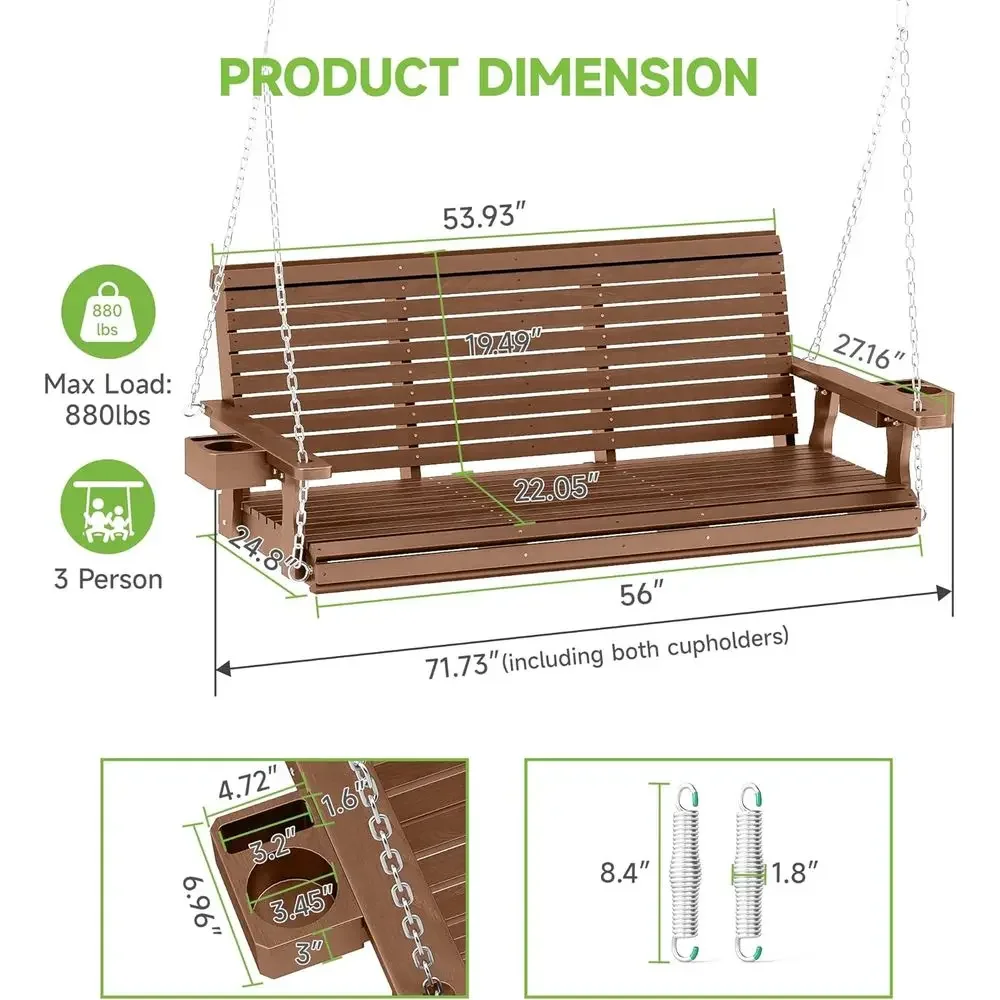 Wooden 3-Person Outdoor Swing Chair with Cup Holders, Deep Seat, 880 lbs Capacity, Ideal for Patio, Garden, Backyard (Teak Tone)