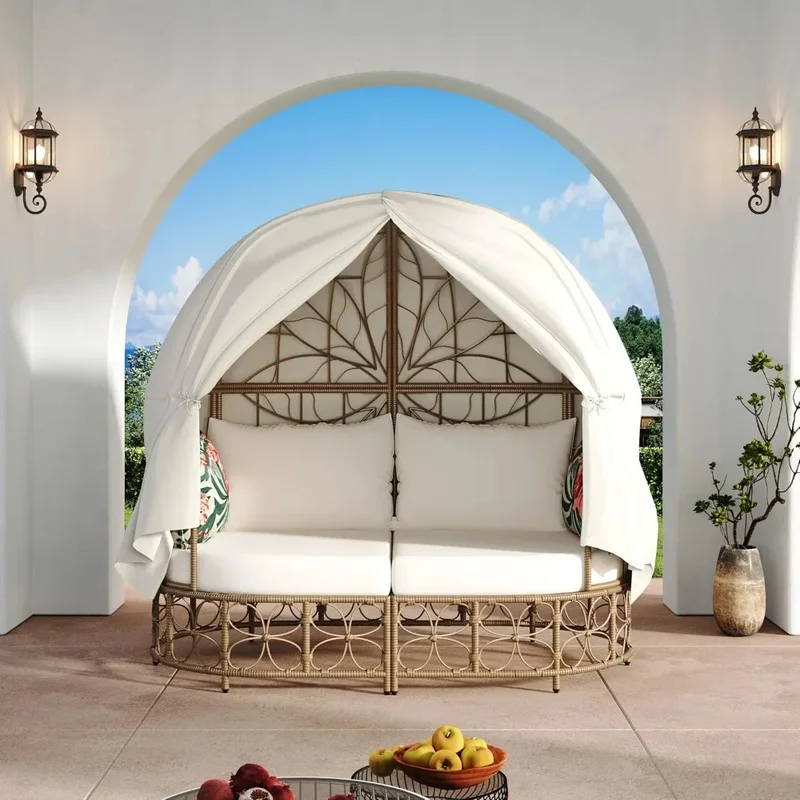 

Wicker Outdoor Daybed with Curtains and Floral Pattern Pillows for Patio, Backyard, or Poolside Relaxation