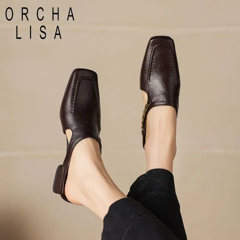 

Женские сандалии ORCHA LISA коричневого цвета с квадратным носком, на толстом каблуке 3 см, без застежки, с металлической цепочкой, большие размеры 41, 42, 43, повседневная обувь для отдыха.