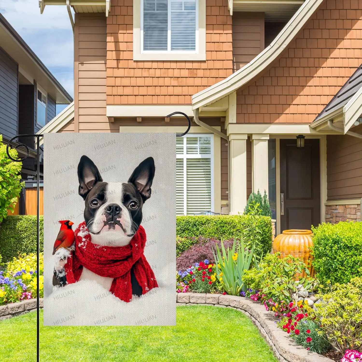 Winter Garden Flags,Funny Boston-Terrier-Dog Flags Cardinal House Flags 12 x 18 Inch Outdoor Christmas Flags for Christmas G KZA