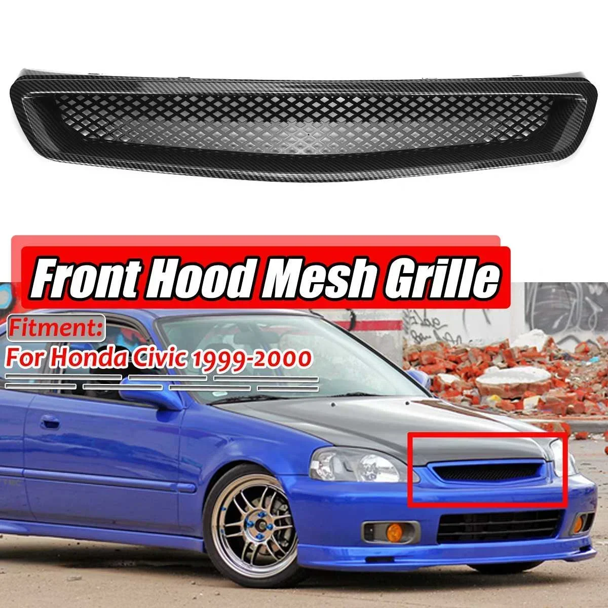 For Honda Civic EK CX DX EX HX LX Type R 1999-2000 ABS Front Mesh Grille Trim Car Front Hood Mesh Bumper Racing Grills Body Kit