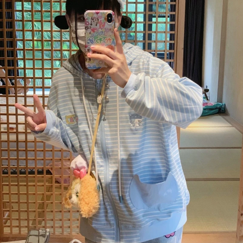 Japanese Casual Stripe Pocket Hoodies 2024 Women Y2k Kawaii Loose Embroidery Cartoon Coats Oversized Grunge Zipper Sweatshirts