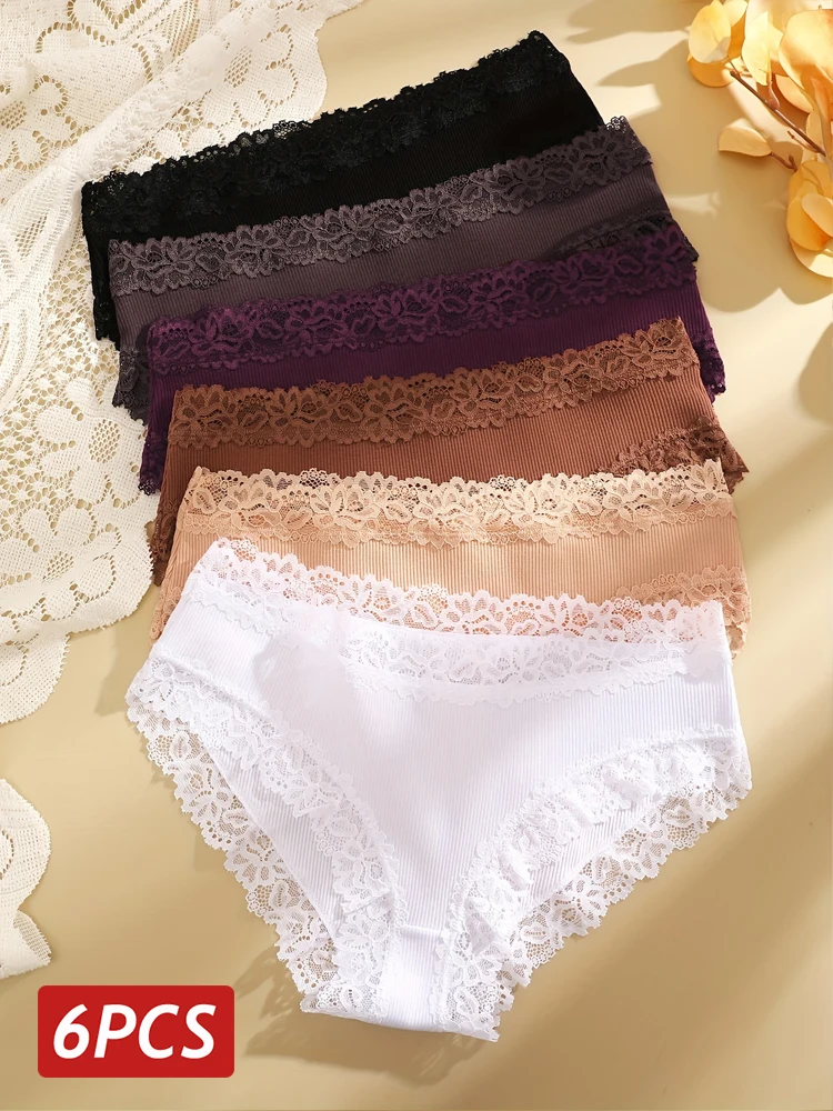 6PCS/Set Women's Sexy Lace Cotton Panties Low Rise Seamless Briefs Floral Lace Lingerie Female Breathable Comfortable Underwear