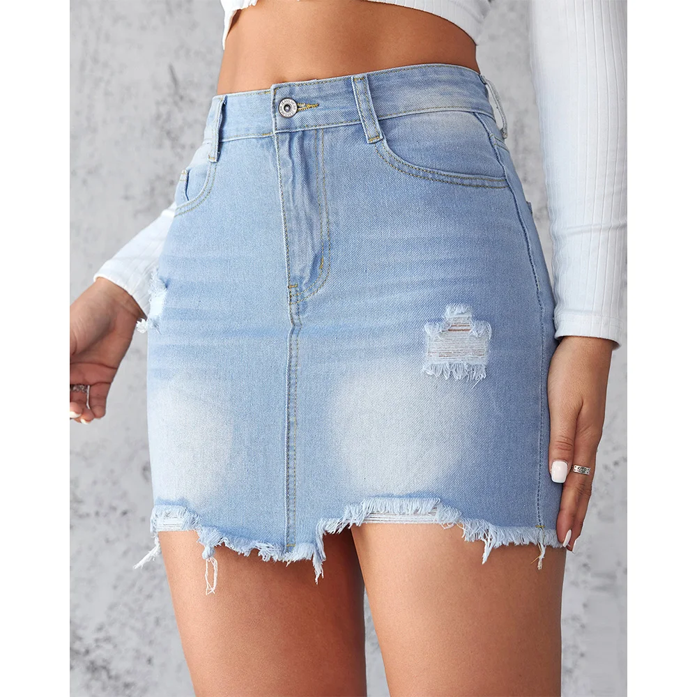 2024 Summer New Slim Fit Perforated Denim Skirt Women's Light Washed Fleece A-line Skirt Casual Slim Cowboy Skirt