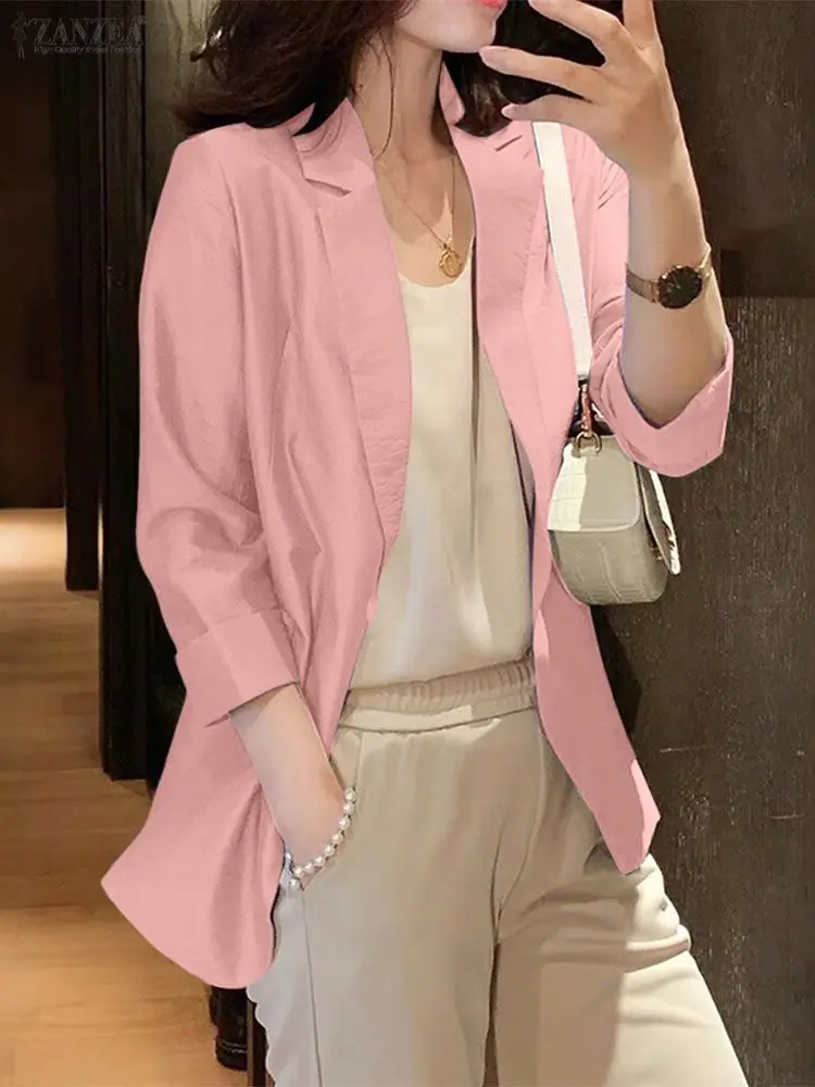 ZANZEA Women's Textured Blazer 2025 Autumn Notched Lapel Long Sleeve Solid Color Lightweight Suit Coats Elegant Office Commuting