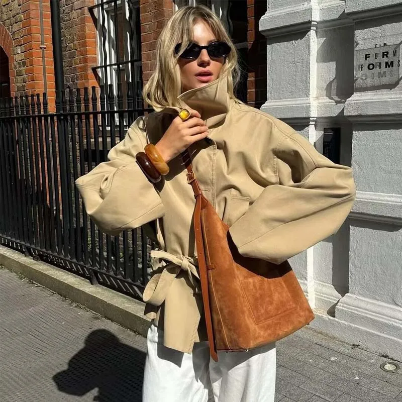 

YENKYE Fashionable And Versatile With Belt Khaki Trench Coat Women Long Sleeve Lapel Collar Autumn Winter Loose Windbreaker