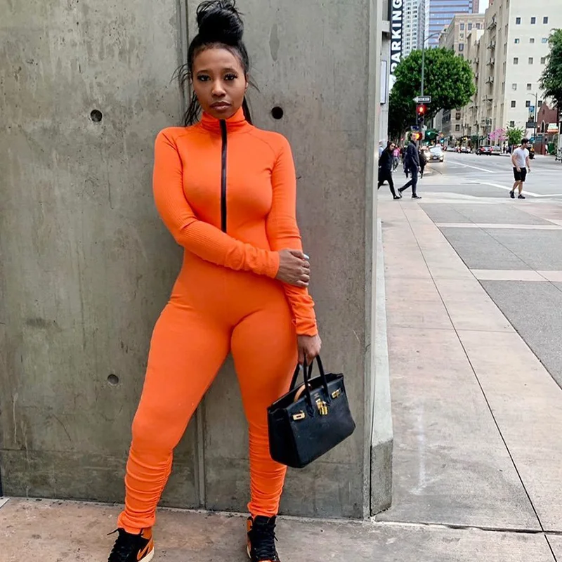 

Spring Summer Sporty Fitness Jumpsuit Woman Elegant Long Sleeve Front Zipper Casual Romper Solid Ruched Pencil Pants Overalls