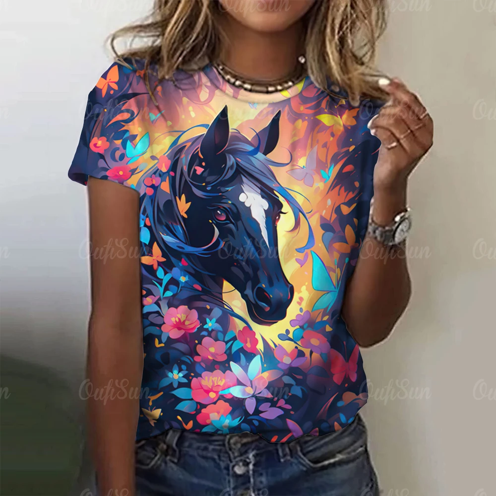 Fashion Women\'s T-Shirt Women\'s 3d Horse Print Kawaii T Shirt Female Casual Clothing Oversized Summer Vintage Aesthetics Tops