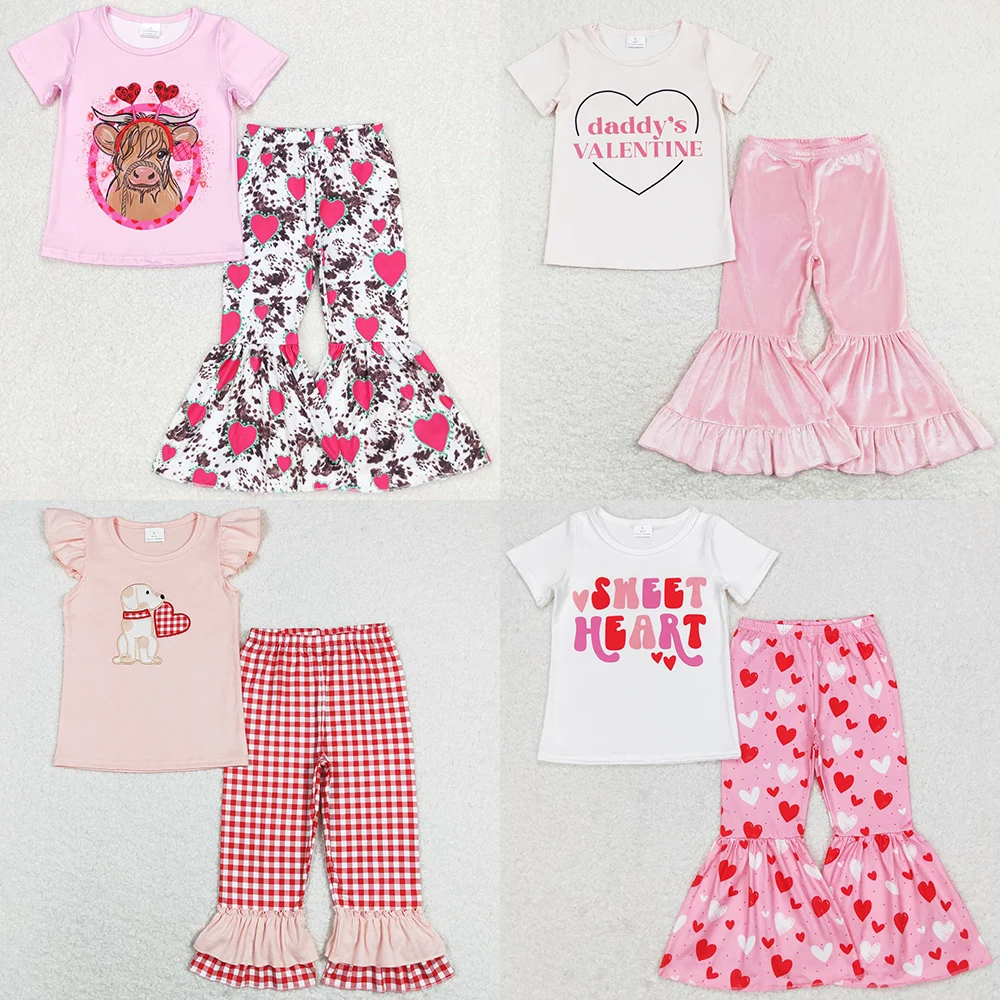 Hot Sale Baby Girls Clothes Valentine's Day Short Sleev Tops Bell Pants SetsBoutique Kids Designer Clothes Toddler Girls Outfits