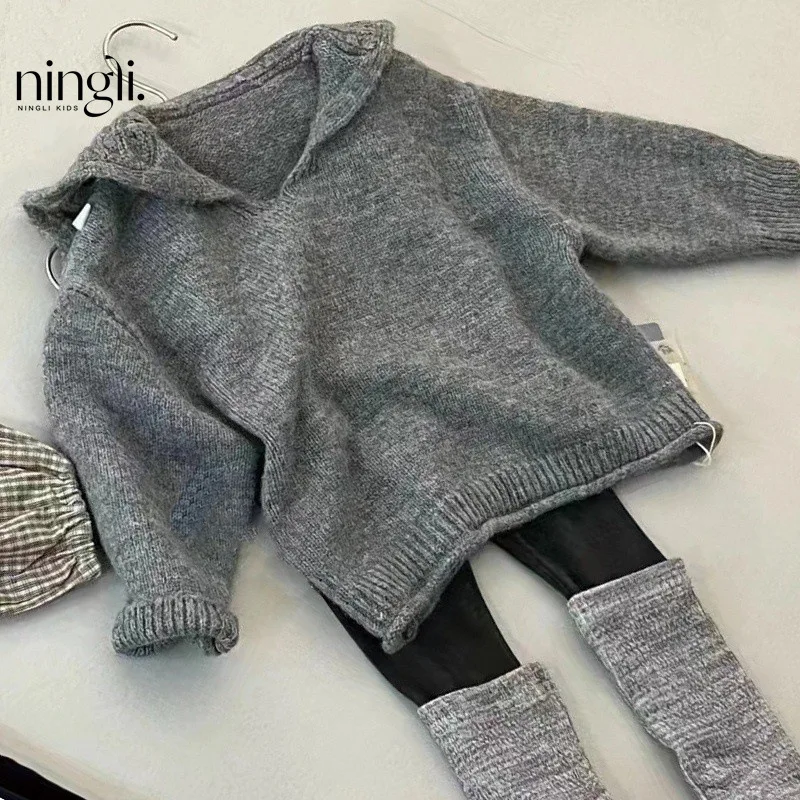 

Children's Clothing Kids' Sweater Autumn New Girls' Korean High-End Gray Knitted Pullover Idle Style