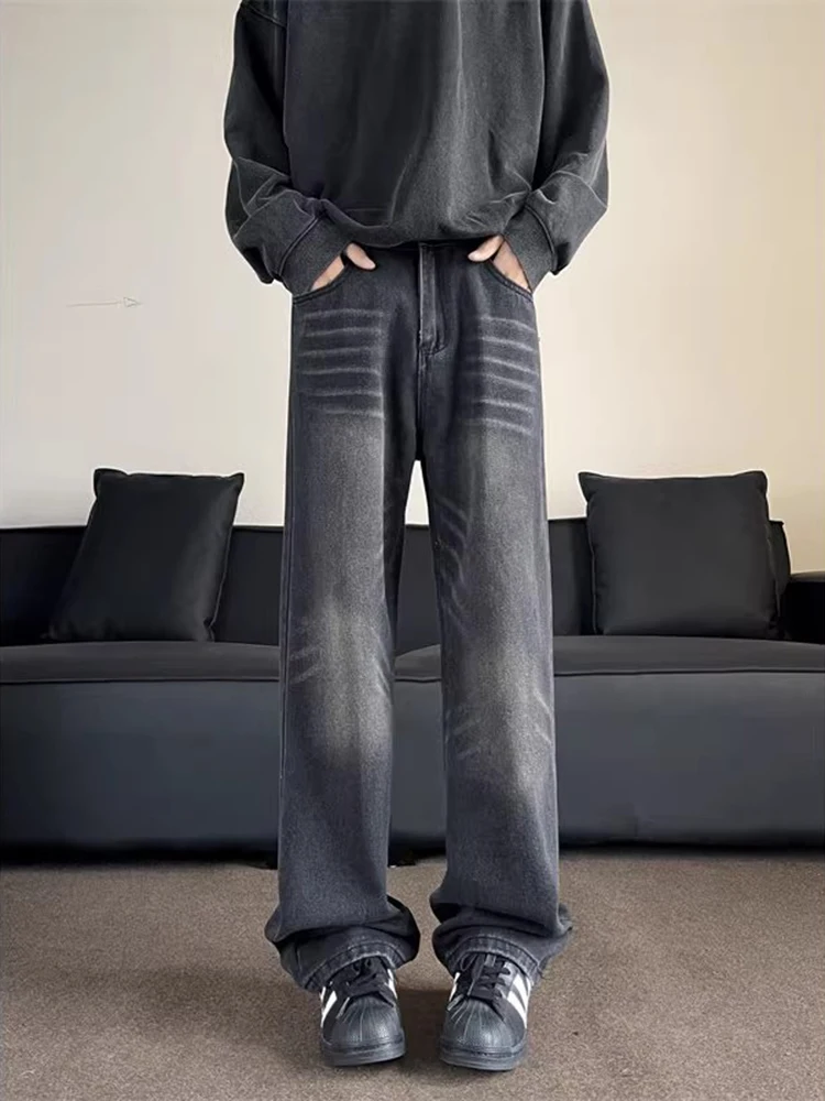 

Мужские джинсы в стиле ретро, синие, весна-осень, уличный стиль, прямые широкие брюки с микро-клешем, длина в пол