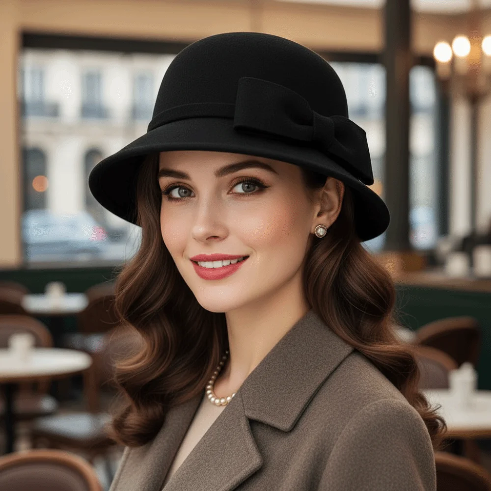 

Vintage Solid Color Bow Topper Hat Keep Warm Flat-top Women Fisherman Hat French Style Hepburn Woolen Bucket Hat Autumn Winter