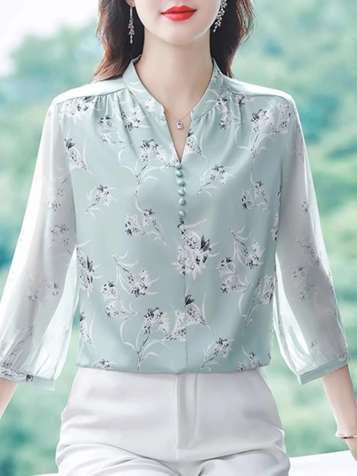 

Ele Chiffon Top for Women Summer 2024 Faionable Mom irt Korean Sle Loose Fit with Tassel Detail V-Ne Seven Sve