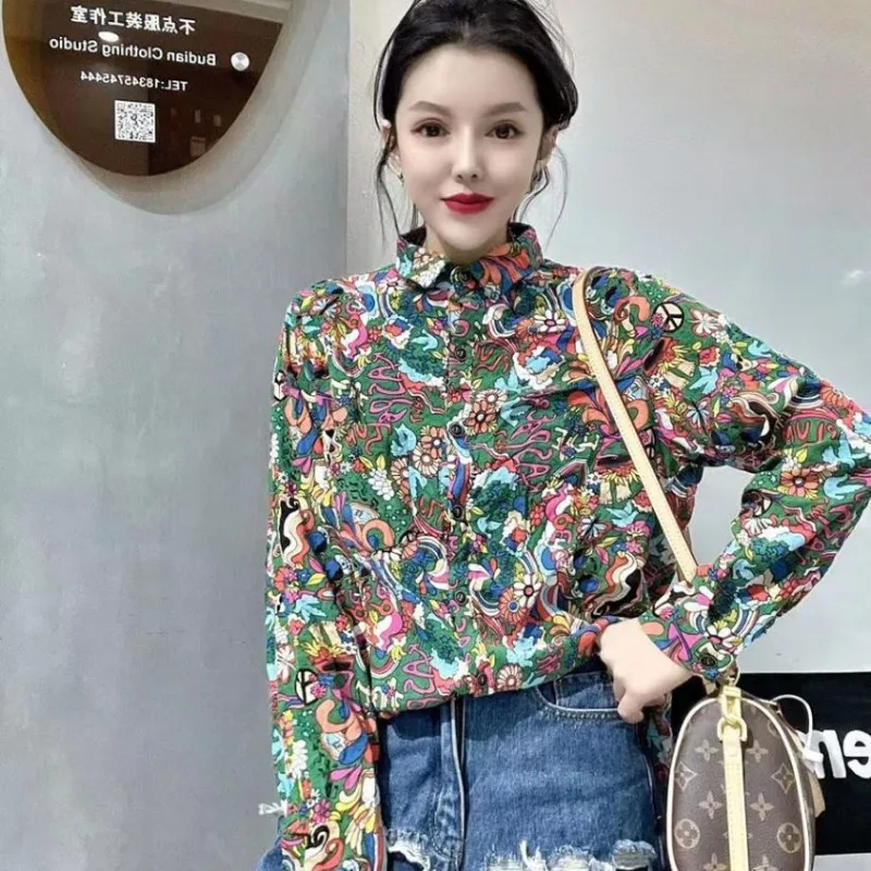 Women\'s Vintage Floral Printed Harajuku Shirt Fashion Lapel Long Sleeve Loose Blouse Spring Autumn Casual Chic Tops Blusas Mujer