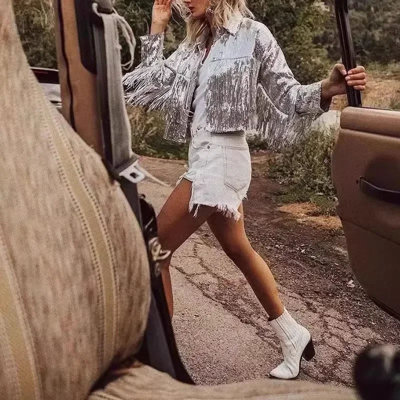 Chaqueta de manga larga para mujer, abrigo holgado con borlas y lentejuelas, ropa de calle con cuello vuelto, Otoño e Invierno