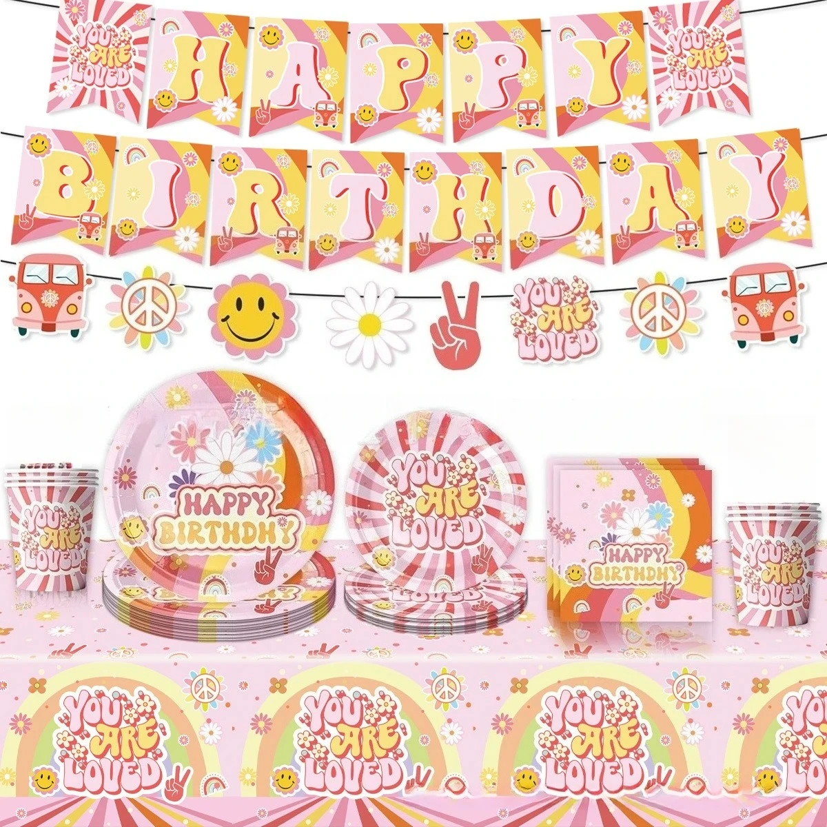 20 Stück Hippie-Bohemien-Stil mit Regenbogen-Motiv, Geburtstagsfeier, Einweggeschirr, Papierfach, Szene, Dekoration, Blumen-Stil