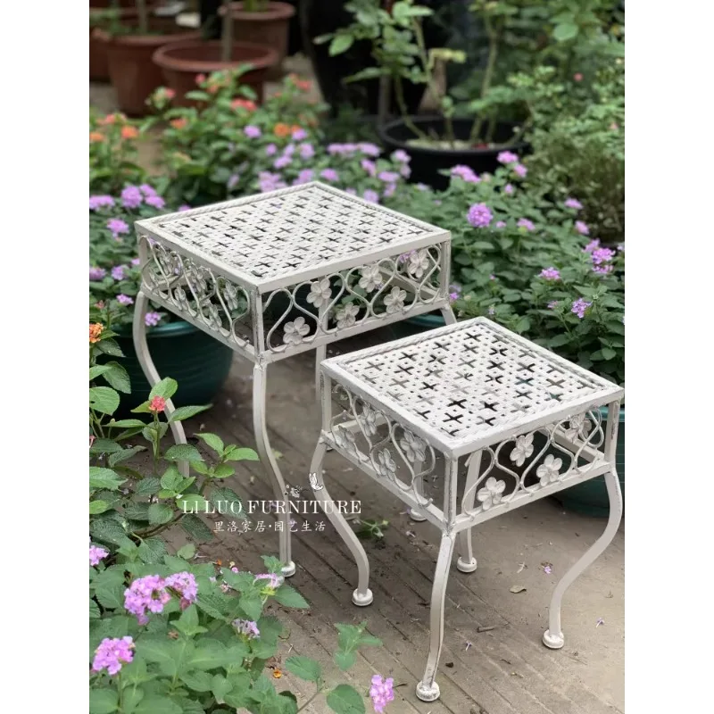 American retro wrought iron flower stool two-piece set, garden gardening balcony layered flower stand, potted plant decorative f