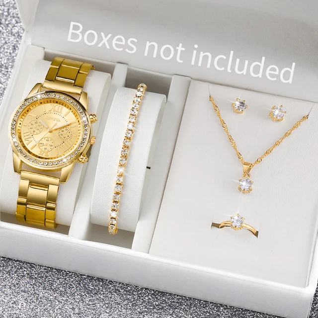6 sztuk/zestaw moda damska zegarki kwarcowe Rhinestone pasek ze stali nierdzewnej zegarek na rękę zestaw biżuterii (bez pudełka)