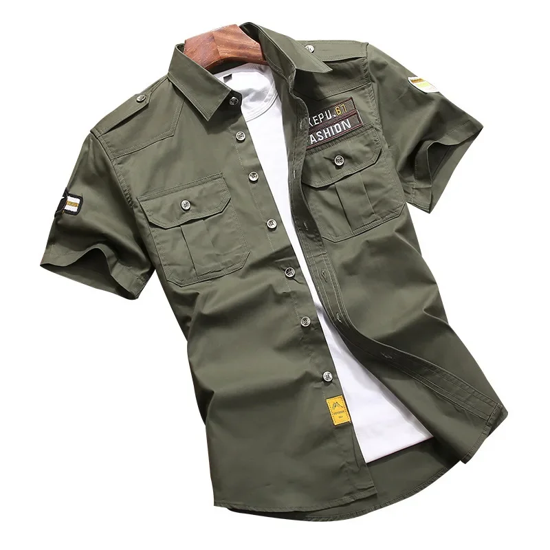 New Mens Retro Shirt Men 2021Short Sleeve Cargo Shirts Fashion Casual Summer Cotton Solid Shirt Male Pocket Work Shirt M-5XL