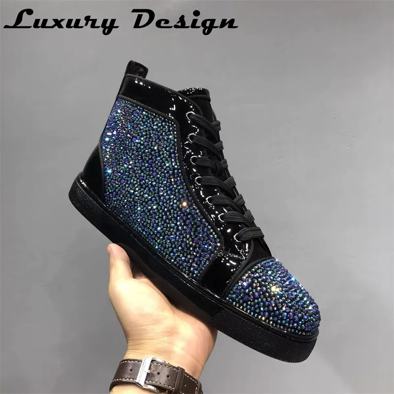 Luxury Red Bottom Shoes Accessories Shoes High Top Full Diamond Men\'s Shoes Black Suede Rhinestone Couple Models Rivet High-top