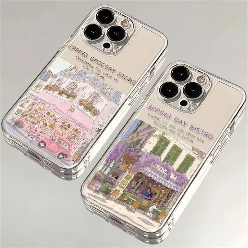 

Spring Day Bistro Transparent Phone Case For iPhone 16 15 11 12 14 13 Pro Max Mini X XSMax XR 7 8 Plus SE2 SE4 16e Silica Covers