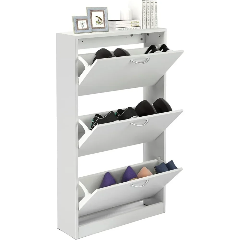 Shoe Cabinet Storage for Entryway, Flip Down Shoe Rack Wood 3 Tier White Shoe Organizer