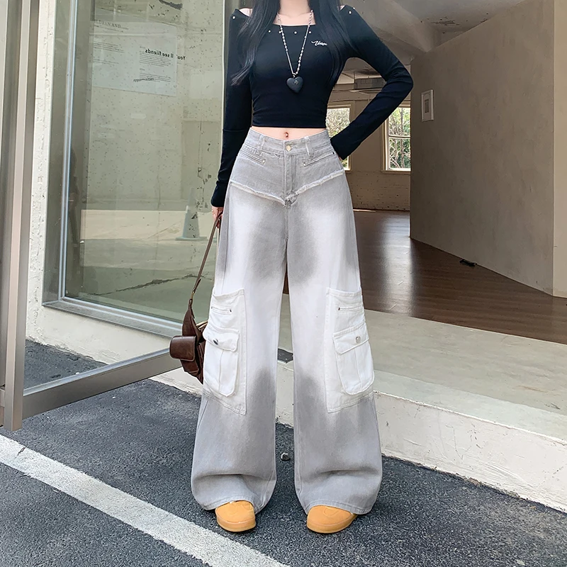 

Ropa Y2K 2021, модные потертые серые мешковатые женские джинсы-карго, брюки, женская одежда, роскошные хлопковые длинные брюки с широкими штанинами