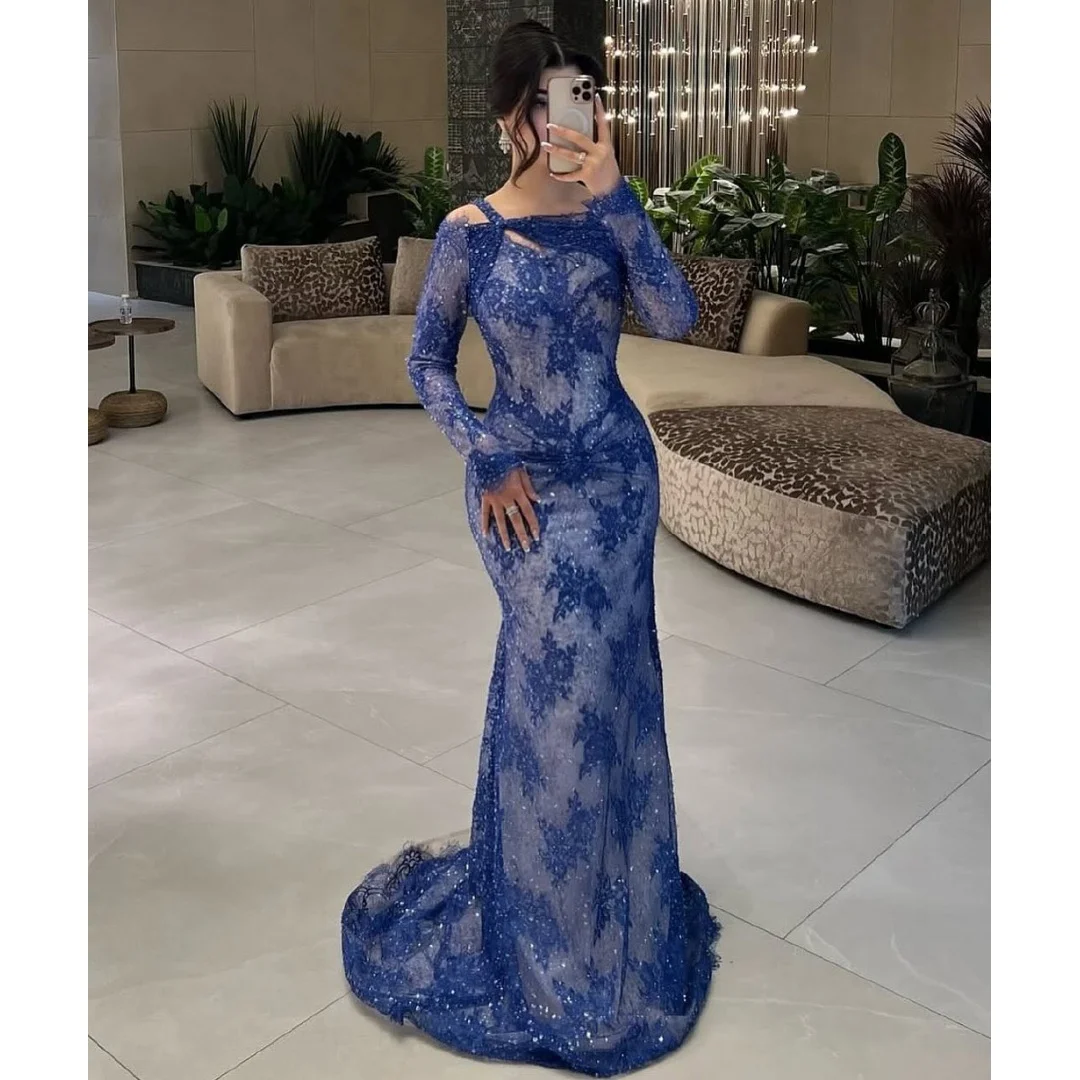 

Blue Mermaid Evening Dresses Woman Lace Sequins Prom Dress Arabic Exquisite Long Sleeves Wedding Party Gown Customized