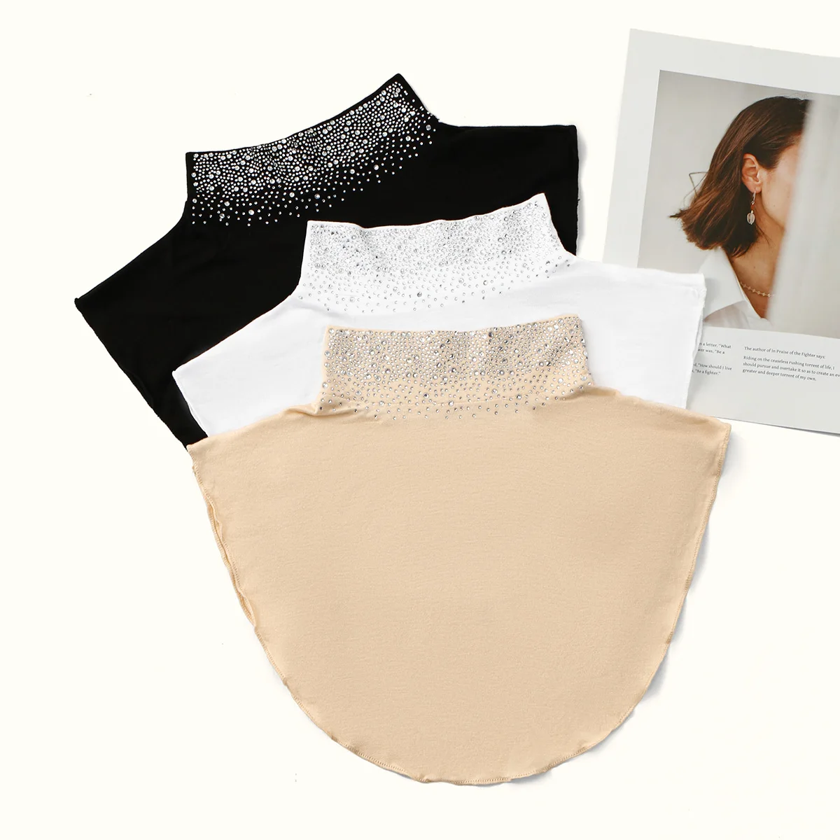جديد لينة القطن مشروط حجر الراين كامل انفصال وهمية طوق غطاء الرقبة الحجاب غطاء الرأس الياقات العالية الياقة المدورة الأوشحة #5