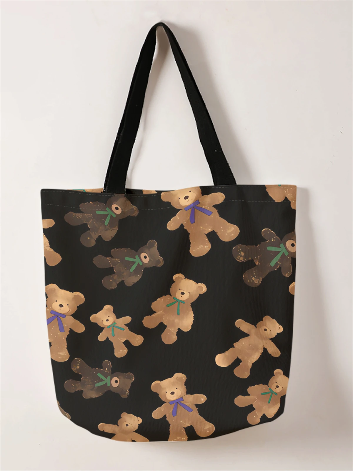 

1pc,cartoon teddy bear handbag, reusable fashionable handbag, multifunctional handbag, printed canvas shopping bag