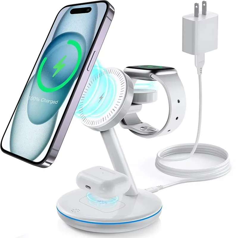 Hot Sales 3 in 1 multifunctional 15W fast charging Magnetic bracket wireless charger with touch atmosphere light