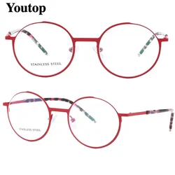 Pink Round Women Eyeglasses Frames for Women Optical Glasses Frames Metal Full Rim Rx Eyewear Red Tortoise Light Stainless Steel