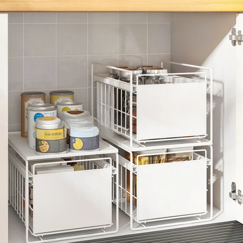 Kitchen Sink Bowl and Plate Storage Rack with Sliding Track To Separate The Tableware Storage Space with A Pull-out Basket