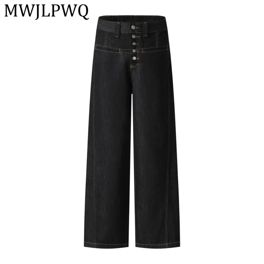 

MWJLPWQ Straight-Leg Denim Trousers For Men High Street Fashion Vibe Contrast Stitching Pocket Design Button Jeans Spring 14203