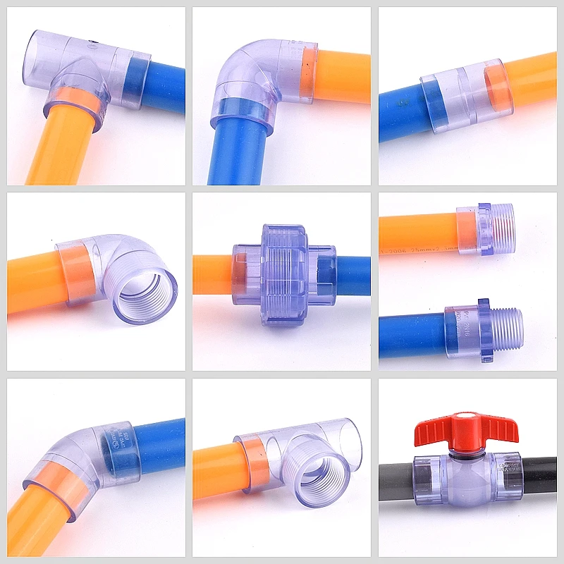 20~63mm UPVC Aquarium Fish Tank Connectors Transparent Blue UPVC 50cm Pipe/Ball Valve/Direct/Elbow/Tee/Union Joint/Cross Joints