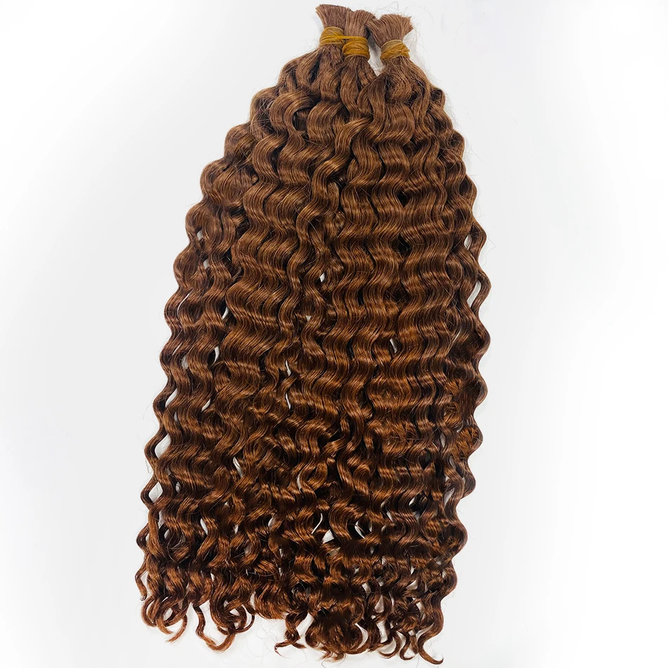 Cabelo Onda Profunda Bulk para Trançar, 100% Extensões de Cabelo Humano, Cabelo Encaracolado para Boho, Tranças Sem Nós, Pacotes de Cabelo Humano Castanho, 30 em