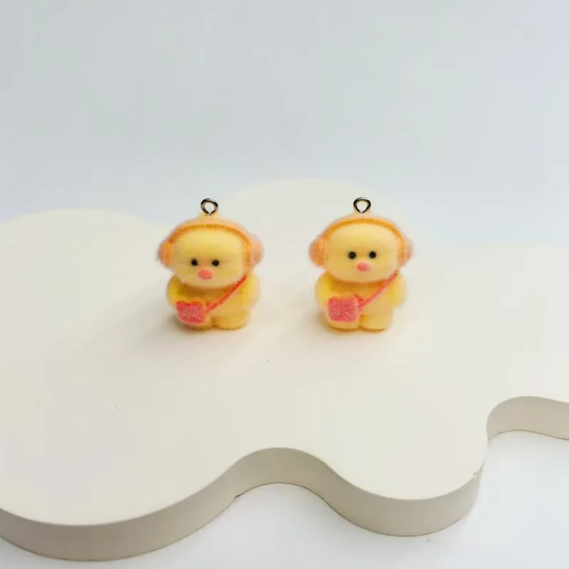 30pcs Cute flocking resin Headset duck Charms Cartoon animals doll pendant For Bag keychain Handmade DIY Jewelry Accessories